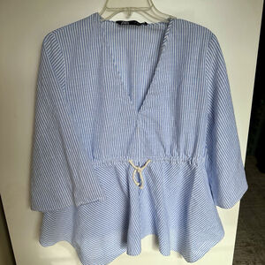 Zara Women's Large Blue and White Striped Cotton Boho Rope Tie Top